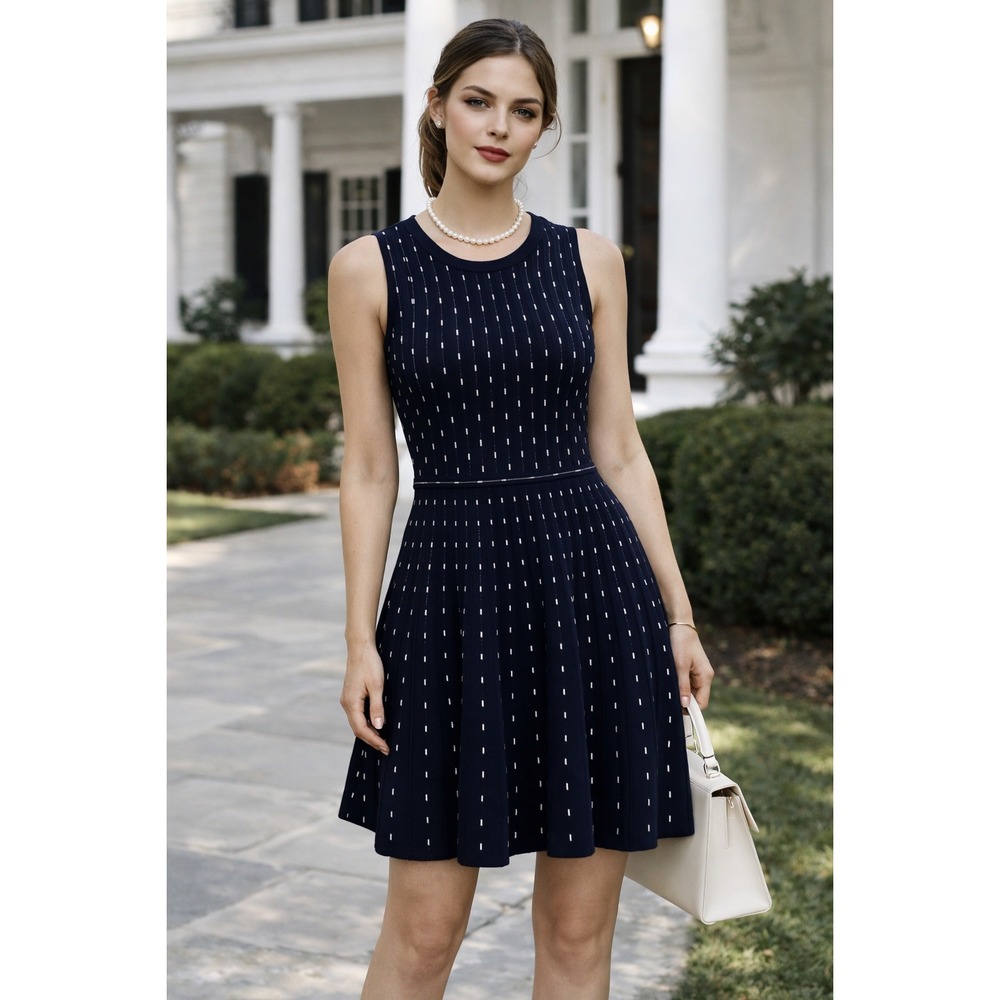 Milly Vertical Dot Flare Dress Womens P 0-2 Navy Ivory Knit Preppy Old Money NEW
